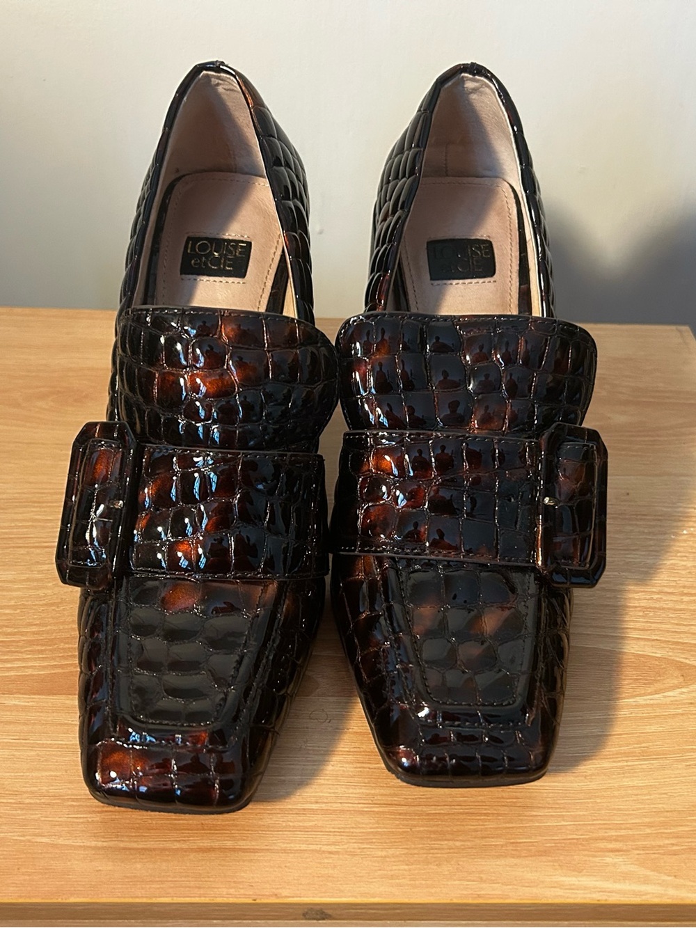 Patent Croc-Embossed Block Heel Loafers - Black/Brown - Picture 2 of 2